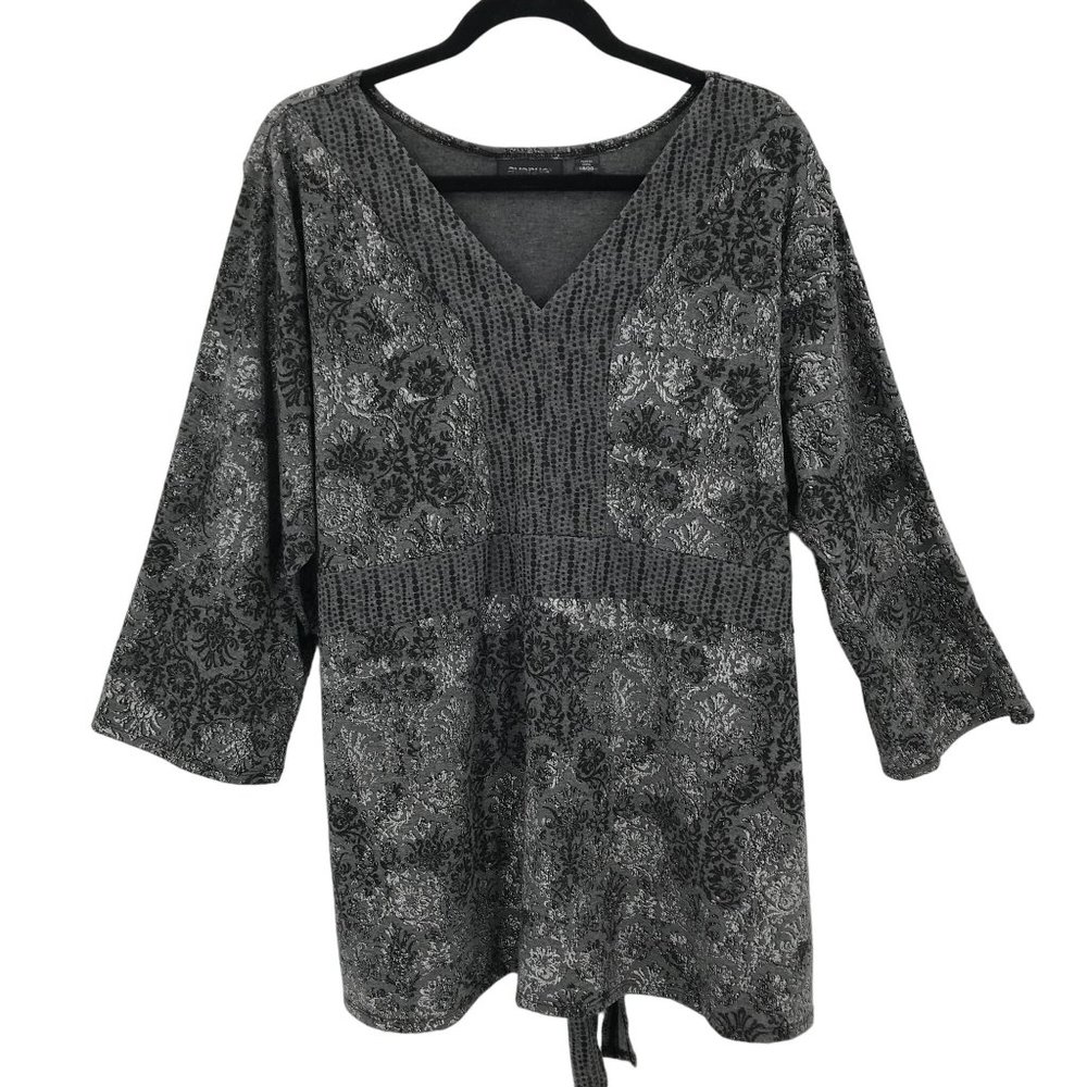 Avenue Stretch Womens Black Silver V Neck Tie Belt 3/4 Sleeve Blouse Size 18/20